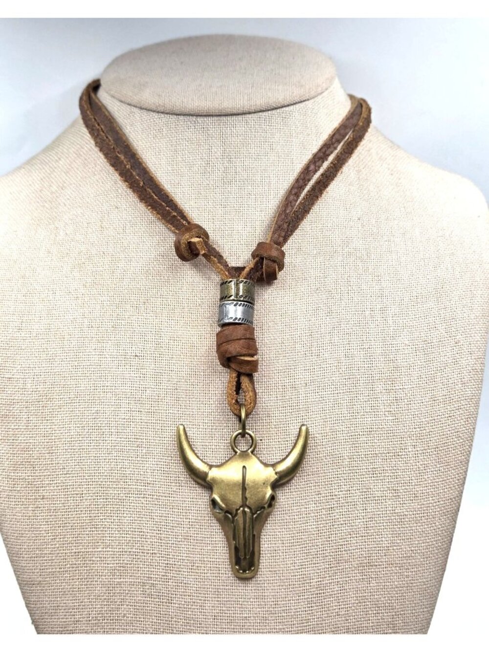 Vintage-Style Leather Necklace With Brass Bull Skull Pendant & Adjustable Brown